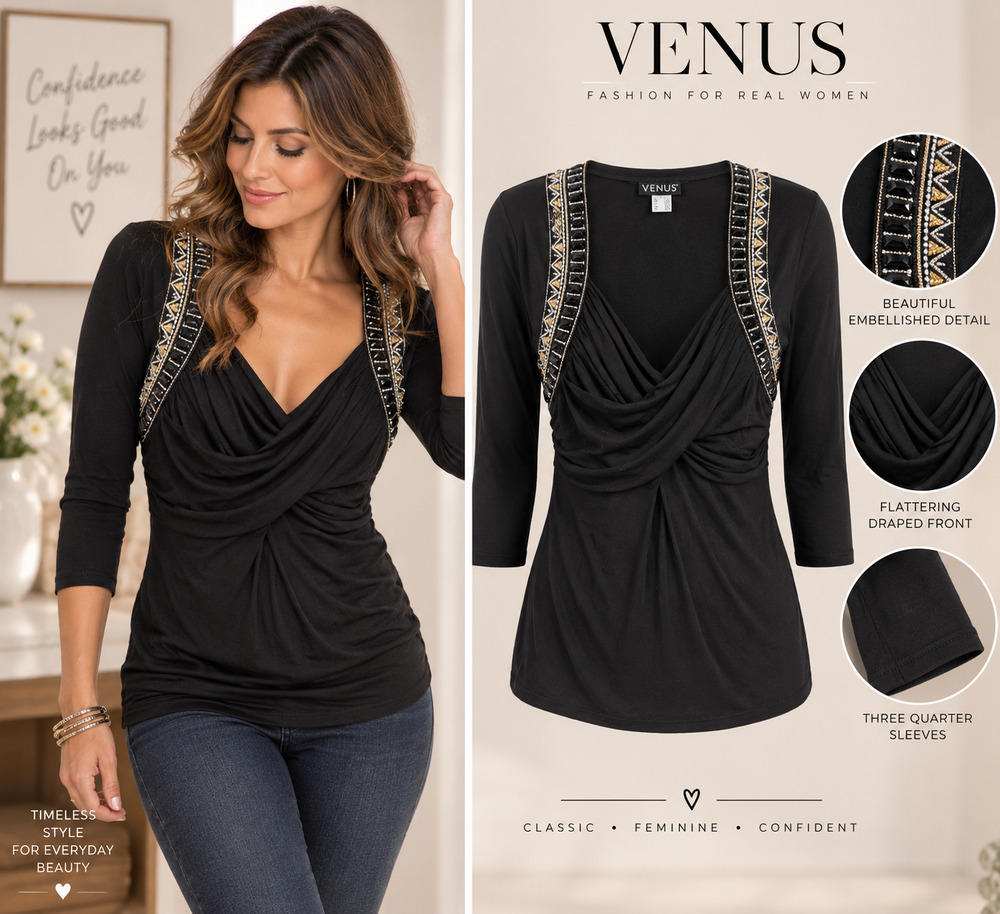 VENUS Black Embellished Ruched Draped Top Medium